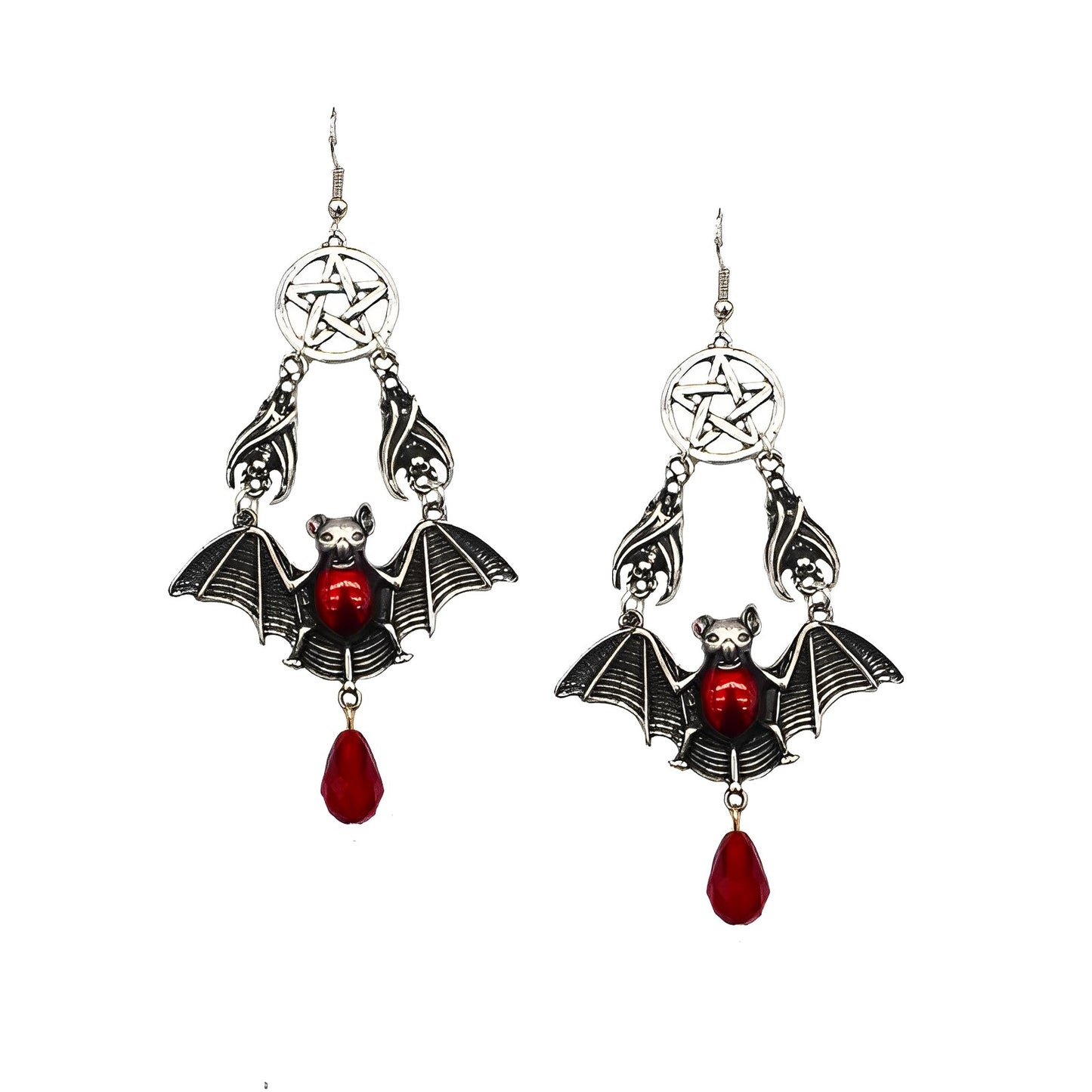 Pentacle Red Vampire Bat Wing Earrings