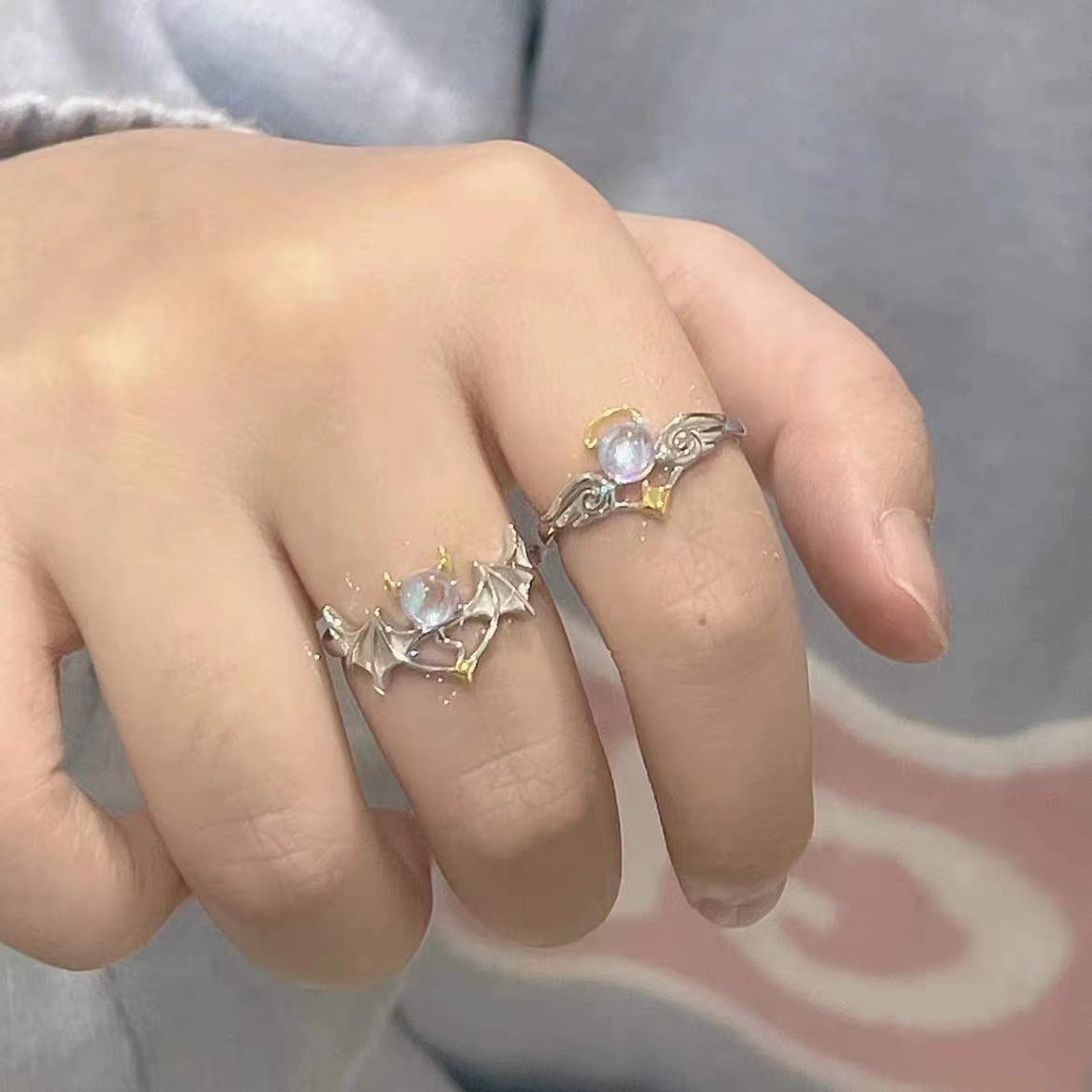 GRATIS hoy: anillos ajustables de piedra lunar para parejas Angel Demon