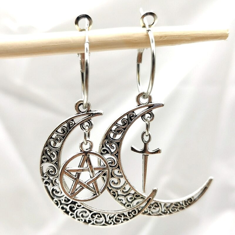 Divine Pentacle Athame Crescent Moon Earrings